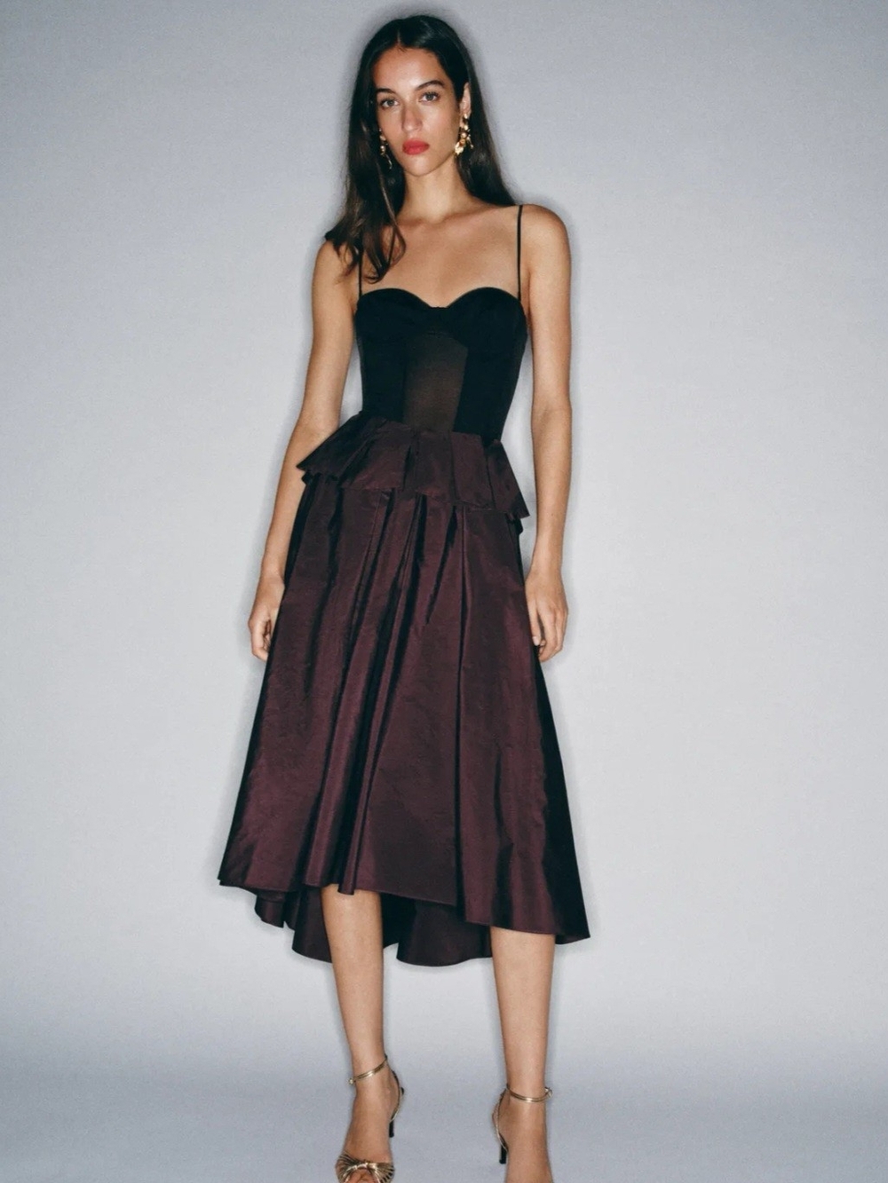 Zara Wine Burgundy High-Low Peplum Midi Skirt